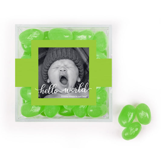 Personalized Boy Birth Announcement Hello World! JUST CANDY® favor cube with Jelly Belly Jelly Beans