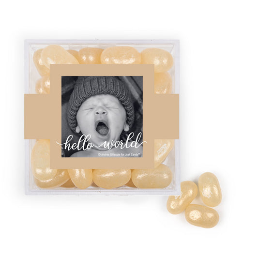 Personalized Boy Birth Announcement Hello World! JUST CANDY® favor cube with Jelly Belly Jelly Beans