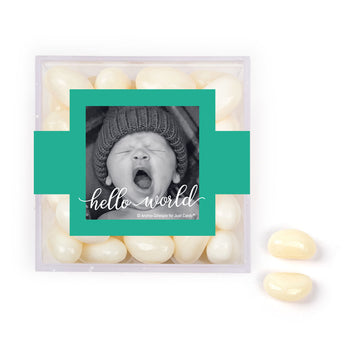 Personalized Boy Birth Announcement Hello World! JUST CANDY favor cube with Jelly Belly Jelly Beans
