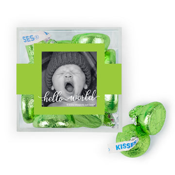Personalized Boy Birth Announcement Hello World! JUST CANDY favor cube with Hershey's Kisses