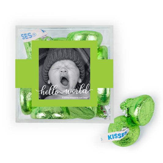 Personalized Boy Birth Announement Hello World! JUST CANDY® favor cube with Sugar Sanded Gummy Bears