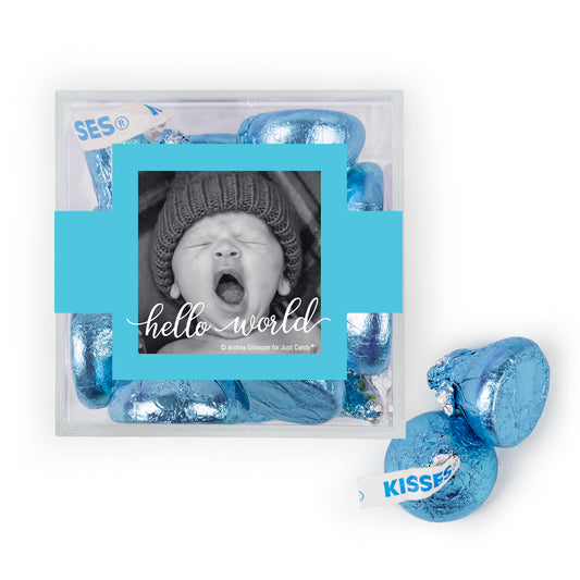 Personalized Boy Birth Announcement Hello World! JUST CANDY® favor cube with Hershey's Kisses