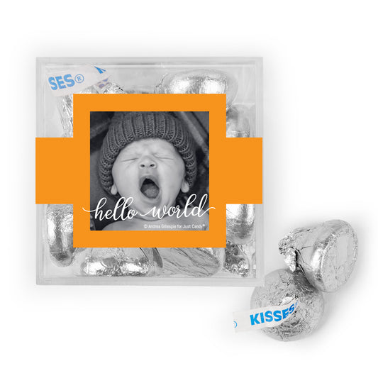 Personalized Boy Birth Announcement Hello World! JUST CANDY favor cube with Hershey's Kisses