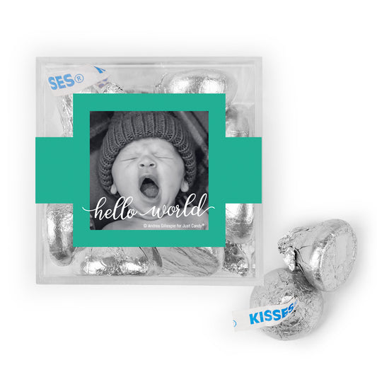 Personalized Boy Birth Announcement Hello World! JUST CANDY favor cube with Hershey's Kisses