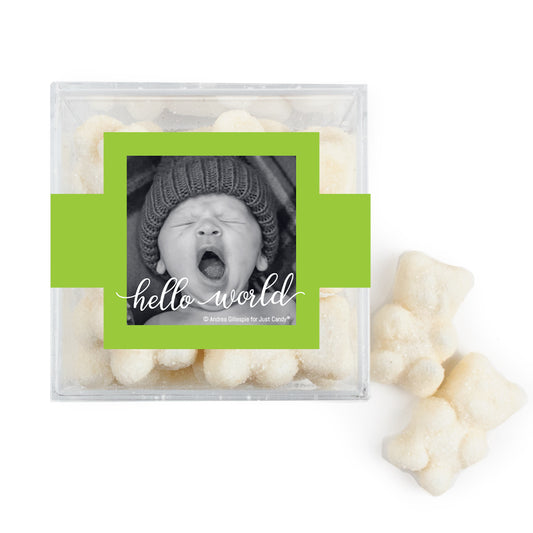Personalized Boy Birth Announement Hello World! JUST CANDY favor cube with Sugar Sanded Gummy Bears