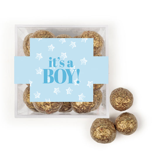 Personalized It's A Boy! JUST CANDY® favor cube with Prosecco Cordials