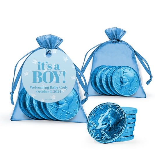 Personalized It's A Boy Chocolate Coins in Organza Bag with Gift Tag