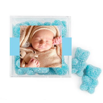 Personalized Boy Birth Announement He's Here! JUST CANDY favor cube with Sugar Sanded Gummy Bears
