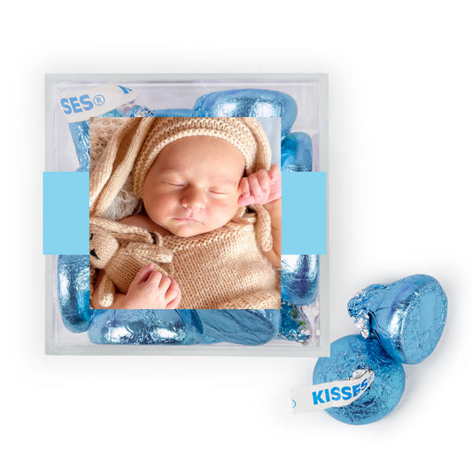Personalized Boy Birth Announcement He's Here! JUST CANDY® favor cube with Hershey's Kisses