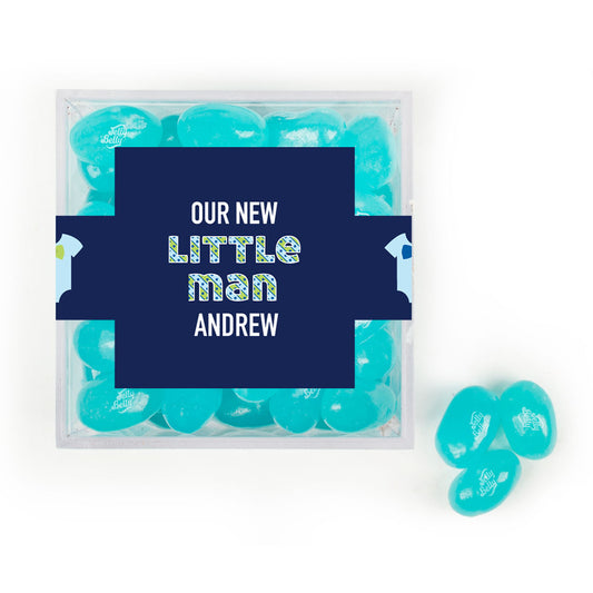 Personalized Boy Birth Announcement Our Little Man JUST CANDY® favor cube with Jelly Belly Jelly Beans