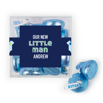 Personalized Boy Birth Announcement Little Man JUST CANDY favor cube with Hershey's Kisses