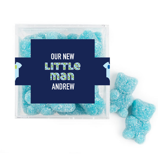 Personalized Boy Birth Announement Little Man JUST CANDY® favor cube with Sugar Sanded Gummy Bears