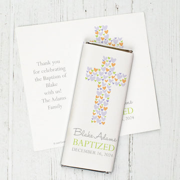 Baptism Personalized Chocolate Bar Wrappers Cross of Hearts
