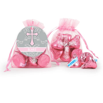 Personalized Baptism Framed Cross Hershey's Kisses in Organza Bags with Gift Tag