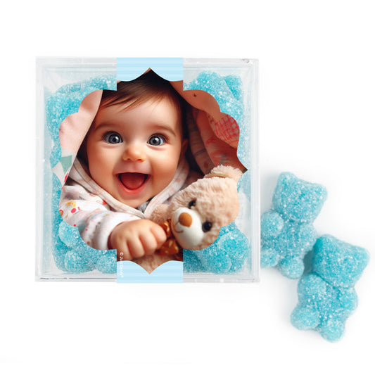 Personalized Baptism Photo and Stripes Favor Cube with Sanded Gummy Bears