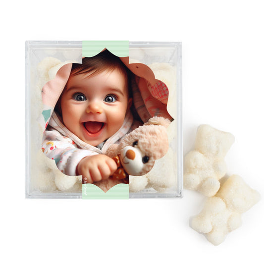 Personalized Baptism Photo and Stripes Favor Cube with Sanded Gummy Bears