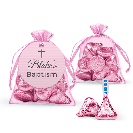 Personalized Baptism Pink Cross Hershey's Kisses in Organza Bags with Gift Tag