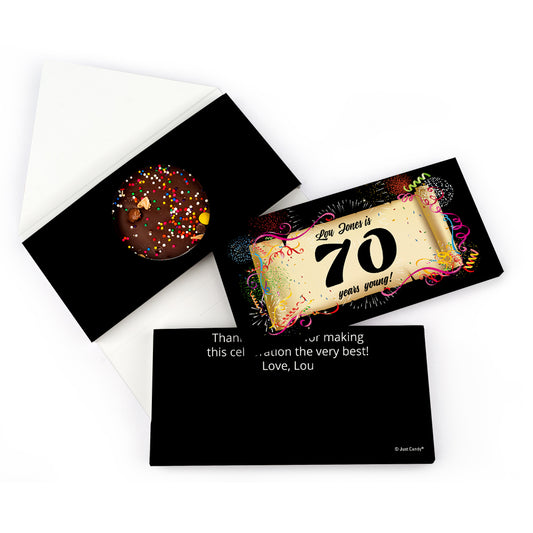 Personalized Milestone Birthday 70th Scroll Gourmet Infused Belgian Chocolate Bars (3.5oz)