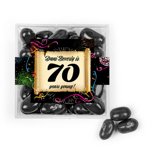 Personalized Milestones 70th Birthday Confetti Scroll JUST CANDY® favor cube with Jelly Belly Jelly Beans