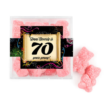 Personalized Milestones 70th Birthday Confetti Scroll JUST CANDY favor cube with Sugar Sanded Gummy Bears