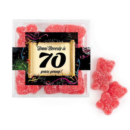 Personalized Milestones 70th Birthday Confetti Scroll JUST CANDY® favor cube with Sugar Sanded Gummy Bears