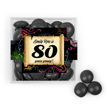 Personalized Milestone 80th Birthday Confretti Scroll JUST CANDY favor cube with Just Candy Milk Chocolate Minis