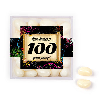 Personalized Milestones 100th Birthday Confetti Scroll JUST CANDY favor cube with Jelly Belly Jelly Beans