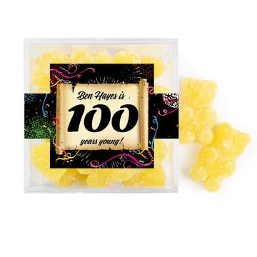 Personalized Milestones 100th Birthday Confetti Scroll JUST CANDY favor cube with Sugar Sanded Gummy Bears