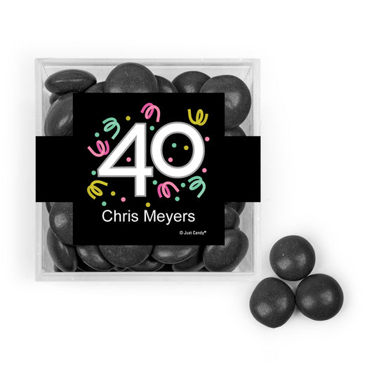 Personalized Milestone 40th Birthday Confetti JUST CANDY® favor cube with Just Candy Milk Chocolate Minis
