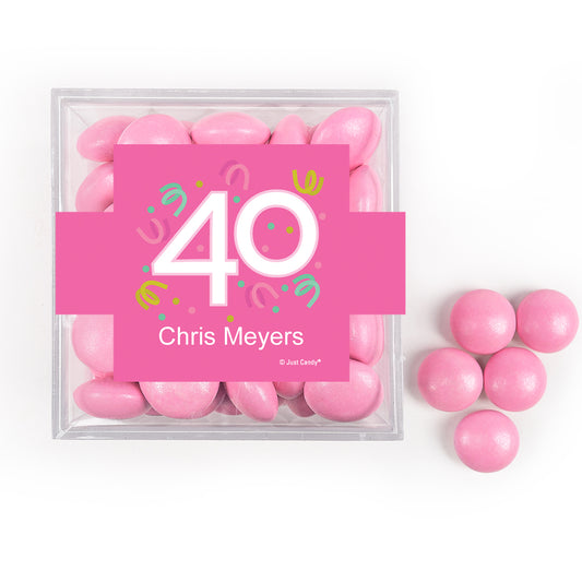 Personalized Milestone 40th Birthday Confetti JUST CANDY® favor cube with Just Candy Milk Chocolate Minis