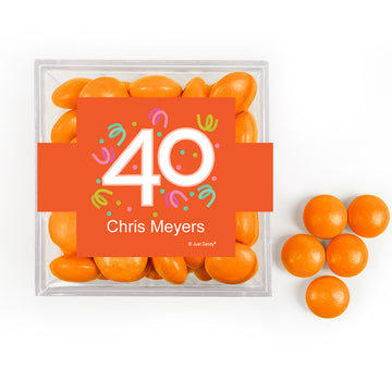 Personalized Milestone 40th Birthday Confetti JUST CANDY favor cube with Just Candy Milk Chocolate Minis