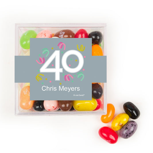 Personalized Milestones 40th Birthday Confetti JUST CANDY® favor cube with Jelly Belly Jelly Beans