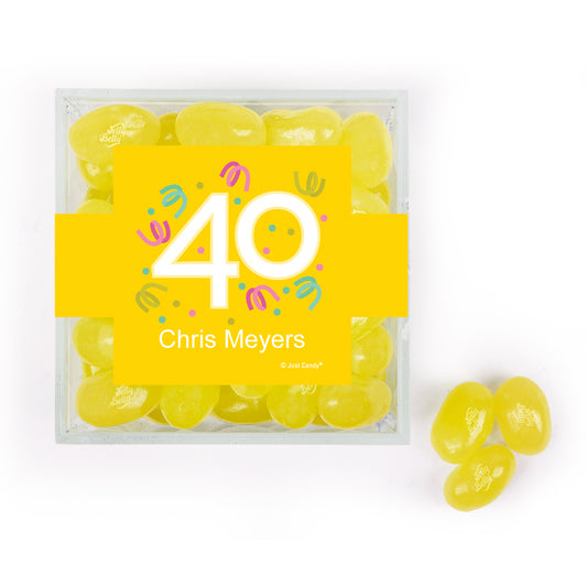 Personalized Milestones 40th Birthday Confetti JUST CANDY favor cube with Jelly Belly Jelly Beans