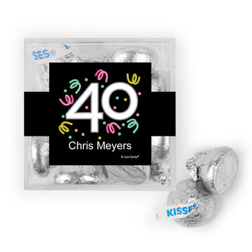 Personalized Milestone 40th Birthday Confetti JUST CANDY favor cube with Hershey's Kisses