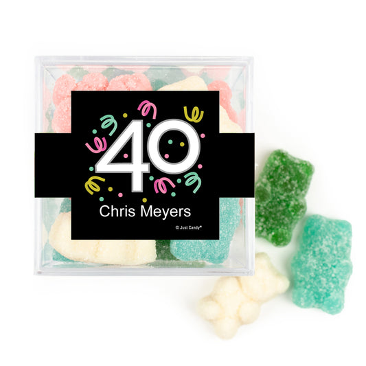 Personalized Milestones 40th Birthday Confetti JUST CANDY® favor cube with Sugar Sanded Gummy Bears