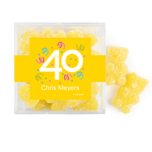 Personalized Milestones 40th Birthday Confetti JUST CANDY favor cube with Sugar Sanded Gummy Bears
