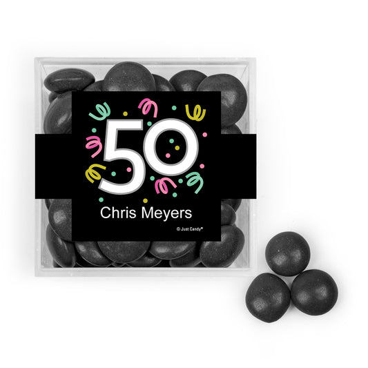 Personalized Milestone 50th Birthday Confetti JUST CANDY® favor cube with Just Candy Milk Chocolate Minis