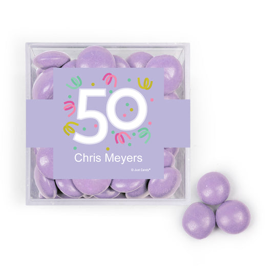 Personalized Milestone 50th Birthday Confetti JUST CANDY® favor cube with Just Candy Milk Chocolate Minis