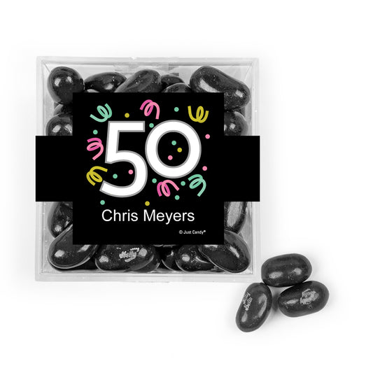 Personalized Milestones 50th Birthday Confetti JUST CANDY® favor cube with Jelly Belly Jelly Beans
