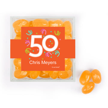 Personalized Milestones 50th Birthday Confetti JUST CANDY favor cube with Jelly Belly Jelly Beans