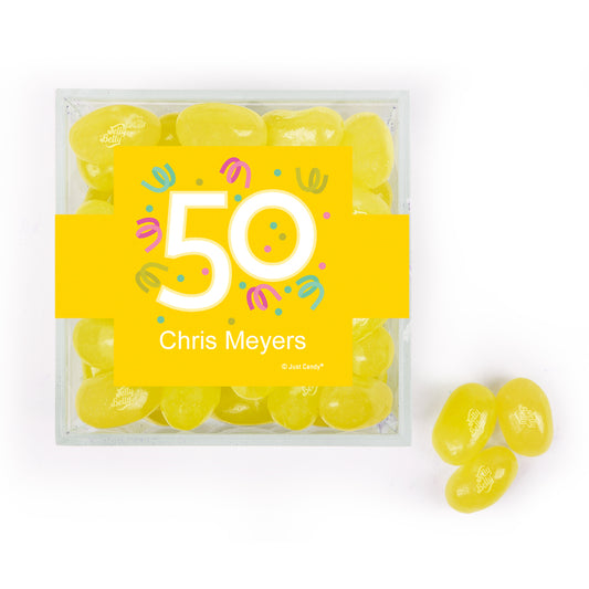 Personalized Milestones 50th Birthday Confetti JUST CANDY favor cube with Jelly Belly Jelly Beans