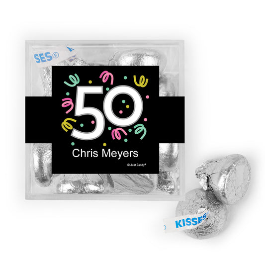 Personalized Milestone 50th Birthday Confetti JUST CANDY® favor cube with Hershey's Kisses