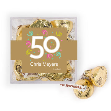 Personalized Milestone 50th Birthday Confetti JUST CANDY favor cube with Hershey's Kisses