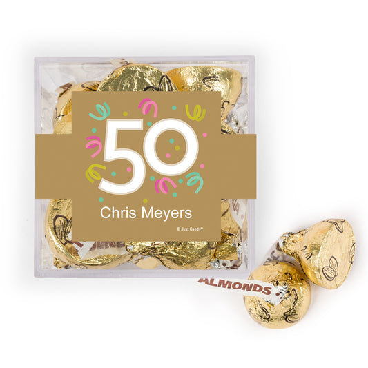 Personalized Milestone 50th Birthday Confetti JUST CANDY® favor cube with Hershey's Kisses