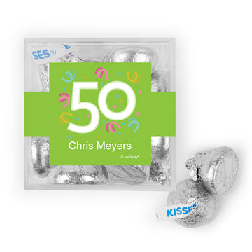 Personalized Milestone 50th Birthday Confetti JUST CANDY® favor cube with Hershey's Kisses