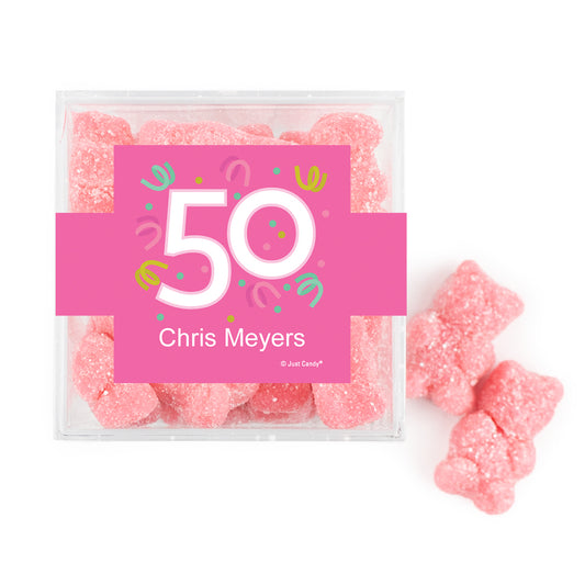 Personalized Milestones 50th Birthday Confetti JUST CANDY® favor cube with Sugar Sanded Gummy Bears