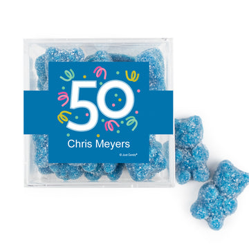 Personalized Milestones 50th Birthday Confetti JUST CANDY favor cube with Sugar Sanded Gummy Bears