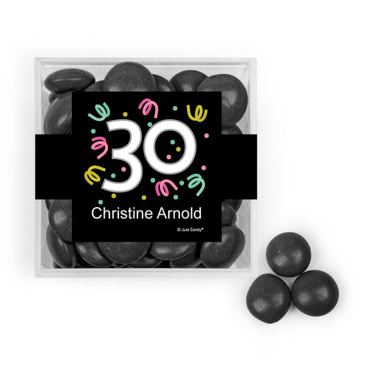 Personalized Milestone 30th Birthday Confetti JUST CANDY® favor cube with Just Candy Milk Chocolate Minis