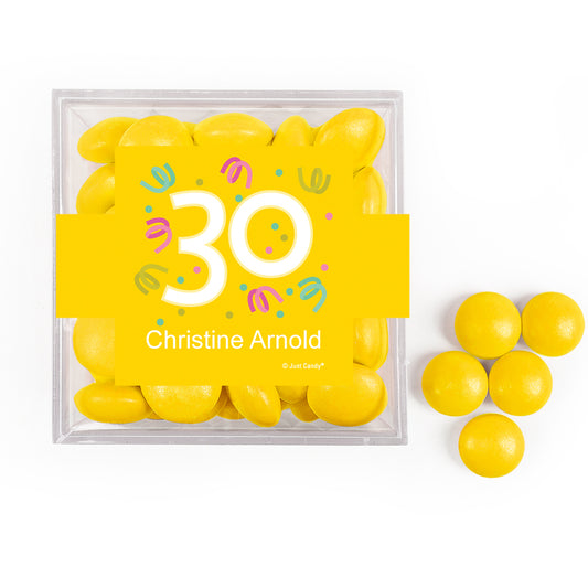 Personalized Milestone 30th Birthday Confetti JUST CANDY favor cube with Just Candy Milk Chocolate Minis