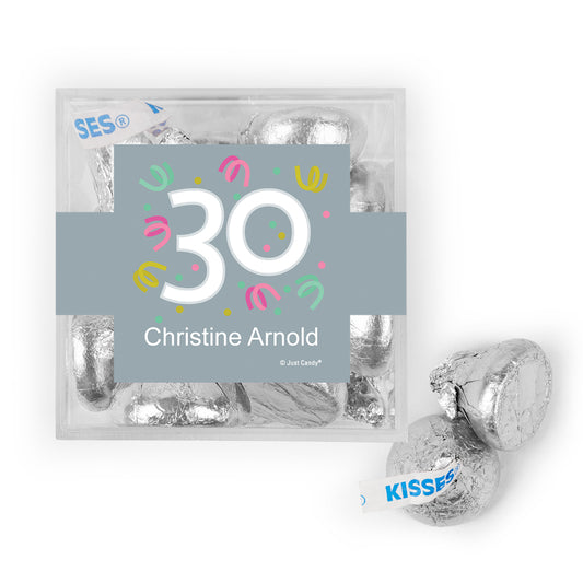 Personalized Milestone 30th Birthday Confetti JUST CANDY favor cube with Hershey's Kisses